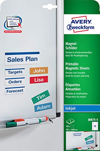 AVERY Zweckform J8875-5 Magnet-Schilder (40 Magnete, 50x140mm auf A4, spezialbeschichtet, bedruckbar, magnetische Haftung auf White Boards, Metalltafeln, uvm., für Inkjet-Drucker) 5 Blatt, weiß