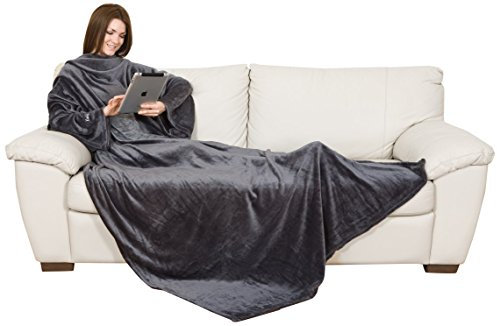 Kanguru Kuscheldecke mit ärmeln, Sofa Decke zum anziehen 210x140 cm, mit zentrale Tasche, weiche Flannel mikrofaser, tv tagesdecke, fleecedecke, tragbare und Oversize GRAU