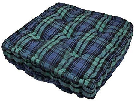 HOMESCAPES - Black Watch Tartan - 100% Cotton - Large Floor Cushion - Geen Blue Black - 50 x 50 x 10 cm Square - Indoor - Garden - Dining Chair Booster - Seat Pad Cushion