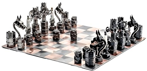 STEEMO Schraubenmännchen Schachspiel - Schachfiguren & Schachbrett - Metallkunst-Schach 36x36 cm