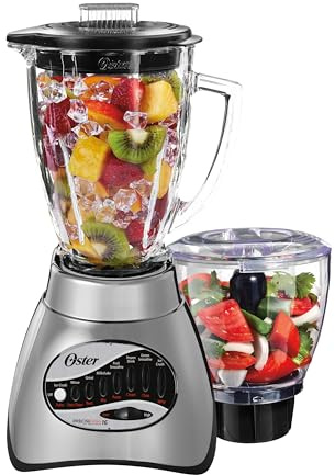 Oster Classic Series 16-Speed Blender with Food Chopper & 6-Cup Glass Jar, Countertop Kitchen Blender, Brushed Nickel