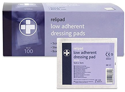 Reliance Medical Relipad First Aid Sterile Dressing - Low-Adherent, Absorbent Dressing Pads for Minor Abrasions, Lacerations and Wounds, 5 cm x 5 cm, Pack of 100