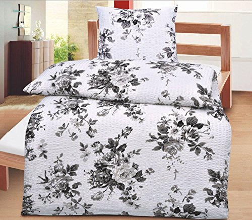 4-Teilig Microfaser Seersucker Bettwäsche Elvira weiss, schwarz mit Reißverschluss 2x 135x200 Bettbezug + 2x 80x80 Kissenbezug , Öko-Tex Standart 100