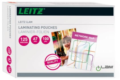 Leitz Heißlaminierfolien A7 125 mic, Hochwertige Laminierfolien im 100er Pack, mit abgerundeten Ecken, transparent, glänzend, ideal für A7 Karten, 33805
