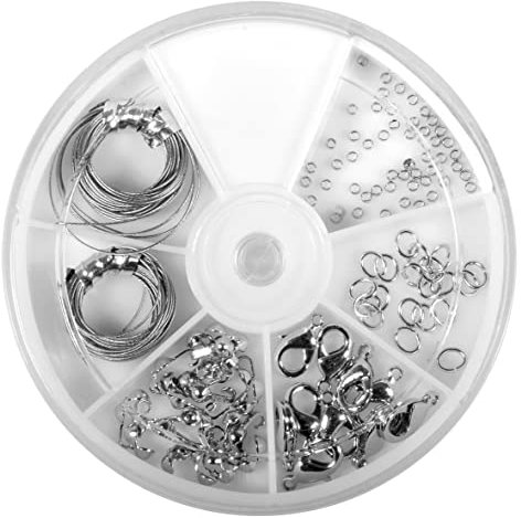 Rayher Starterset Schmuckzubehör, silber, Schmuckherstellung Set, Schmuck Reparatur Set, Schmuck basteln, Starter Kit mit Schmuckdraht, Karabinerverschlüssen, Ringeln, Quetschperlen, 2248517