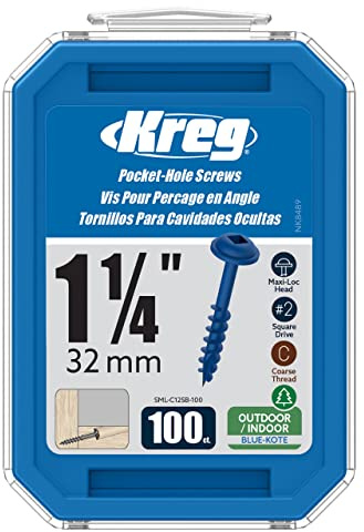 Kreg Blue-Kote Pocket-Hole Screws - SML-C125B-100 - Weather Resistant Pocket Screws - 1-1/4 Inch - Coarse Thread - Maxi-Loc Head - Outdoor - 100 Count