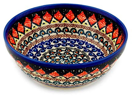 Polmedia Polish Pottery Bowl 7-inch UNIKAT - Coral Diamonds Pattern Handmade in Boleslawiec Poland + Certificate of Authenticity