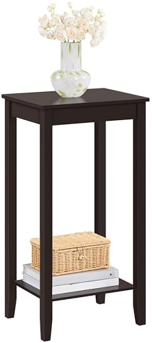 Topeakmart 2-Tier Tall End Table with Storage Shelf and Solid Wood Legs, Sofa Side Table Telephone Table for Living Room/Couch/Hallway/Small Spaces, D12xW15xH29 Inches, Dark Coffee