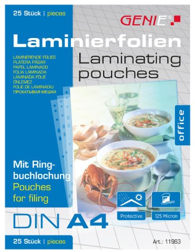 Genie 11963 Laminierfolie (Abheftrand; Lochung A4-25er Laminierfolien DIN A4) farblos