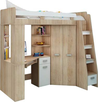 FurnitureByJDM Hochbett mit Schreibtisch, Schrank und Regalen | Komplettes Möbelset (120x204 cm) - Kinderbett 80x200 cm mit Stauraum - Treppe Rechten Seite (Eiche Sonoma/Weiß)
