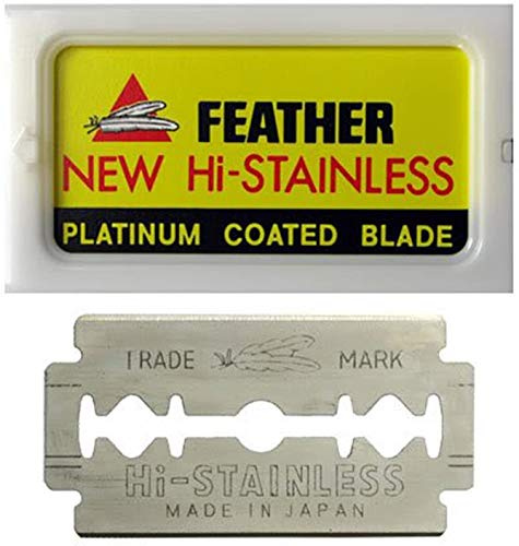 Feather Double Edge Safety Razor Blades - (50 Count) - Platinum Coated Hi-Stainless Steel Razor Blades - Fits Most Safety Razors - Super Sharp for Close Shaves - Made in Japan