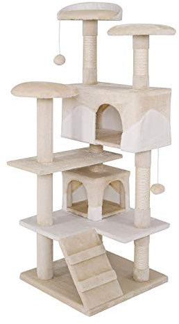 lionto Kratzbaum für Katzen mit 2 Plüschbällen & 3 Plattformen, Höhe 130 cm, Katzenbaum mit Sisal & weichem Plüsch, gemütliche Liegeflächen & Höhlen, für kleine & große Katzen geeignet, beige/weiß