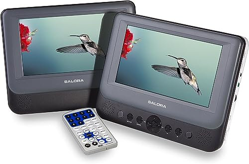 Salora DVP7048TWIN Tragbarer DVD-Player – Auto-CD-Player mit 2 Bildschirmen, 7 Zoll HD für Auto und Kinder – 2 Stunden Akku, USB/SD-Kartenleser, Multi-Format-Wiedergabe, Unterstützt AVI, MP4, MP3