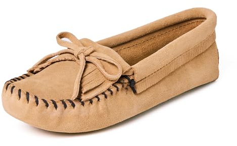 Minnetonka Women's Kilty Suede Soft Leather Sole Moccasin,Taupe,9.5 M US