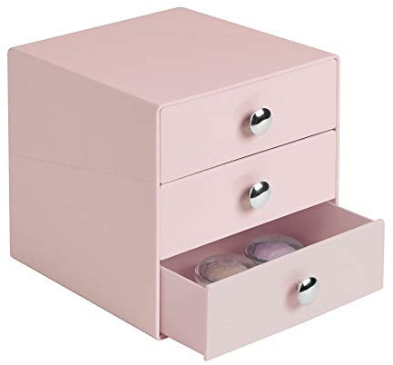 iDesign Porta trucchi con 3 cassetti, Mini cassettiera per trucco, gioielli e cosmetici, Organizzatore trucchi in plastica a forma di cubo, rosa