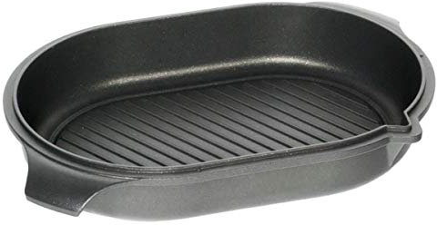 AMT Gastroguss Tapa para asar fundida, 32 x 22 cm, 6 cm de alto, también se puede utilizar como asador, con base de parrilla, apta para inducción, Lotan® antiadherente de acabado antiadherente, sartén