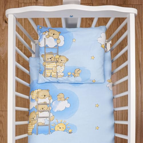 Baby Comfort 4 Piece Duvet Pillow Duvet Cover Pillowcase 80x70 cm Bedding Set 12M+ (Ladders Blue)
