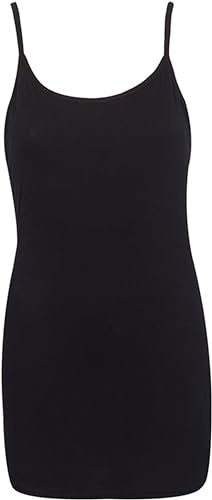 Womens Plain Sleeveless Ladies Stretch Round Scoop Neckline Camisole Long Strappy Vest Tank Top Plus Size Black Size 14-16 (L/XL)