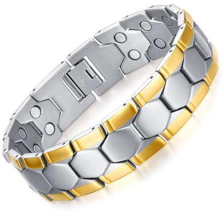 JFUME Magnetarmbänder für Herren, 18 Karat vergoldet mit doppelter Silberreihe von Magneten und Gliederentfernungswerkzeug, 21,5 cm verstellbar.