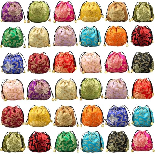 Chinese Silk Brocade Embroidered Drawstring Jewelry Pouch Bag Colors Value Set 34 pcs