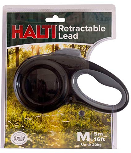 Guinzaglio retrattile HALTI - Tessuto catarifrangente e impugnatura morbida ed ergonomica in gel. Sistema di blocco di sicurezza brevettato. Ideale per cani di taglia media (Taglia M, Nero)
