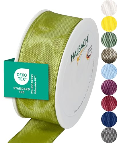 Halbach sidenband premium presentband med trådkant | bredd 40 mm längd 25 m | Öko-Tex 100 certifierat band | Taftband Made in Germany, färg: grön