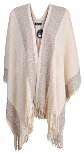 ZLYC Women's Lightweight Shawl Golden Trim Textured Knit Blanket Wrap Fringe Poncho with Contrast Trims (Khaki),One Size