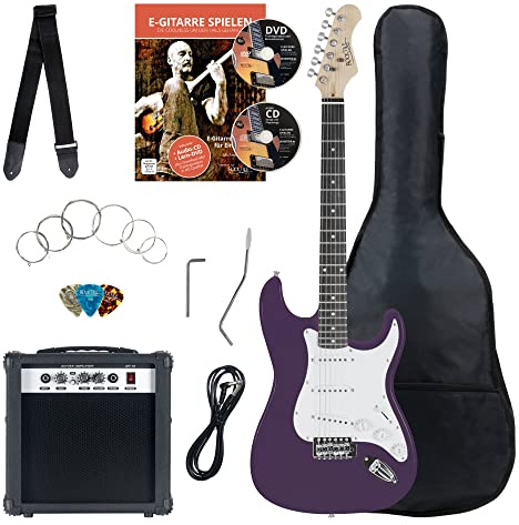Rocktile Banger's Pack Kit de Guitarra Eléctrica Completo - Guitarra electrica con 3 Single-Coil pick-up - Juego con amplificador, bolsa, correa, cuerdas de repuesto y cable - Lila