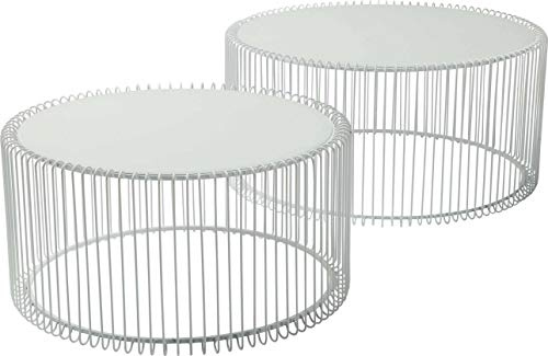 Kare Design Beistelltisch Wire (2/Set), Weiß, 70cm Durchmesser, Beistelltisch, Nachttisch, Stahlgestell, Glas Tischplatte, 34x70x70 cm (H/B/T)
