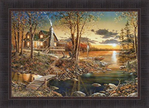 Comforts Of Home by Jim Hansel 24x33 Log Cabin Home Lake Boat Sunset Framed Art Print Wall Décor Picture