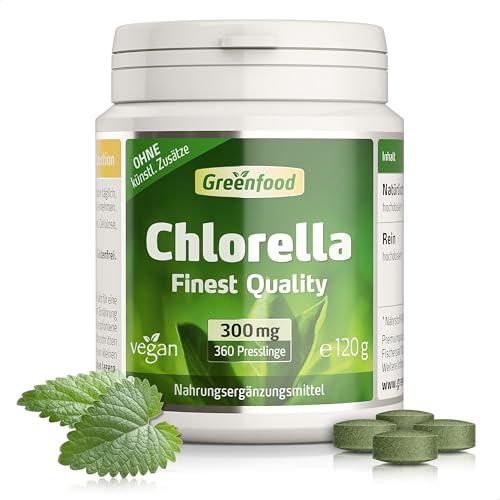 Chlorella, 300 mg, hochdosiert, 360 Presslinge - OHNE künstliche Zusätze | Luftgetrocknet, Natürliches Superfood, Chlorophyll, Laborgeprüft, Ohne Gentechnik, Glutenfrei, Laktosefrei, Halal, Vegan