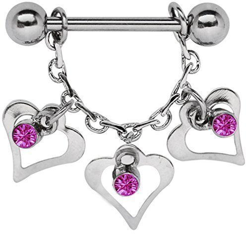 Modern Nature Piercingschmuck Brustpiercing, Brustwarzen, Nippel Piercing Gliederkette mit 3 Herzen und Steinen in pink + Titanstab 1,6 x 16 mm mit Kugeln