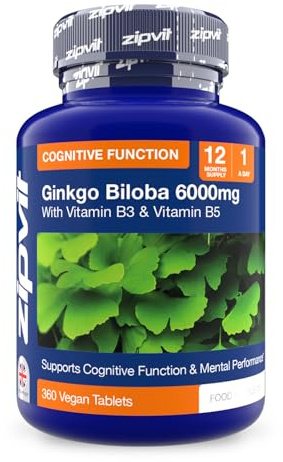 Zipvit Ginkgo Biloba 6000mg with Vitamins B3 & B5, 360 Vegan Tablets, Supports Memory, Focus, Brain Health & Cognitive Wellness, Standardised 50:1 Leaf Extract, 12 Months Supply.