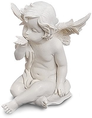 TEMPELWELT Engel Figur sitzend aus Polystein weiß 13 cm groß, schöne Deko Statue Schutzengel mit Handkuss Geste, EIN ganz persönlicher Beschützer