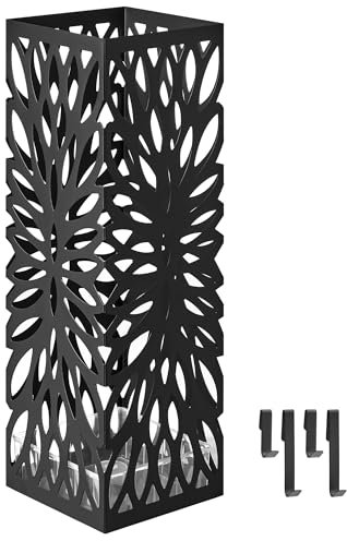 SONGMICS Porte-parapluies, Support pour Parapluies d’Entrée, Carré, en Acier, Organisateur sur Pieds, pour Parapluies et Cannes, avec Réceptacle d’Eau Amovible, 4 Crochets, Noir LUC48B