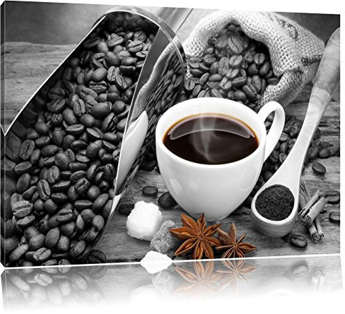 Pixxprint frischer Kaffe neben Kaffeebohnen B&W, Größe: 80x60cm, Leinwandbild, fertig gespannt, Wandbild, Dekoration, Kunstdruck, kein Poster