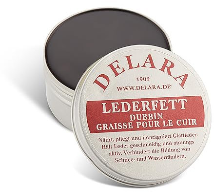 DELARA Hochwertiges Lederfett, nährt, imprägniert und pflegt Schuhe, Taschen, Reitsättel und Möbel aus Leder, Dose mit 100 ml, Farbe: Braun - Made in Germany