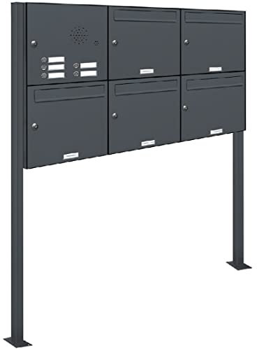 AL Briefkastensysteme 5er Standbriefkasten Anthrazitgrau RAL 7016 mit Klingel als 5 Fach Briefkastenanlage in Postkasten Briefkasten Design modern