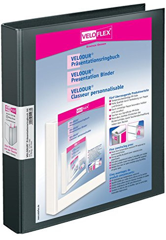 VELOFLEX 1143180 - Präsentations-Ringbuch Velodur, DIN A4, Hebelmechanik, 265 x 315 x 40 mm, mit Außentaschen,schwarz