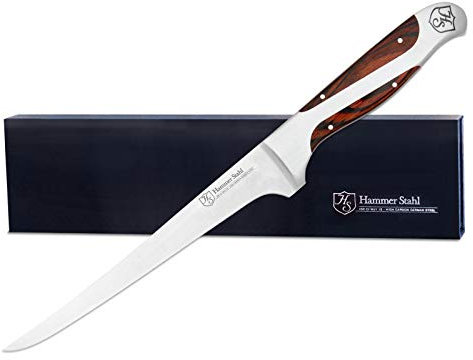 Hammer Stahl Cuchillo de filete de 7 pulgadas | Hoja de acero forjado alemán de alto carbono para filetear, deshuesar, recortar y rebanar | Mango ergonómico de madera de Pakkawood de cuatro espiga y