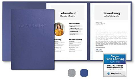 10 Stück 3-teilige Bewerbungsmappen Blau mit 2 Klemmschienen in feinster Lederstruktur - hochwertige Prägung ''BEWERBUNG'' - direkt vom Hersteller STRATAG