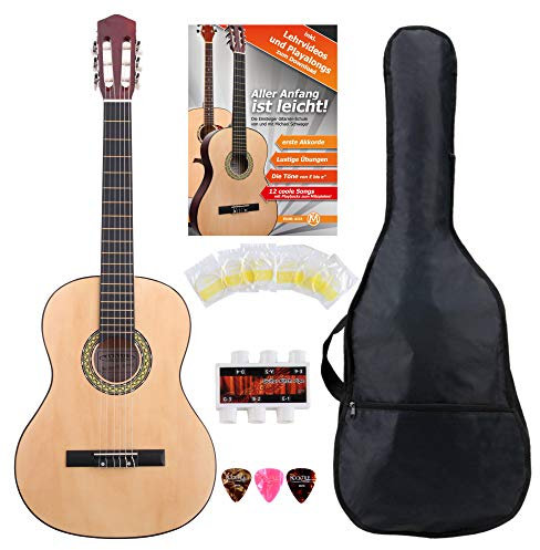 Classic Cantabile AS-851 Linkshänder Konzertgitarre 4/4 Starter Set (6 Saiten, Lindenholz, Griffbrett: Blackwood, Zubehörset inkl. Tasche, Schule, Stimmpfeife, Nylonsaiten) natur