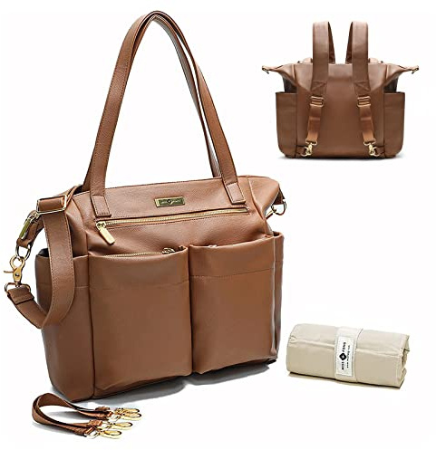 miss fong Diaper Bag Tote Leather Diaper Bag Backpack Pañaleras Para Bebe with 15 Pockets,Leather Diaper Tote with Diaper Changing Pad, Baby Bag for Moms Mommy Bag for Women