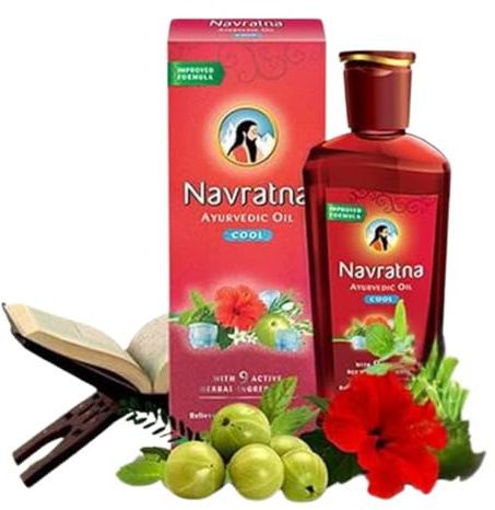 Navratna Ayurvedisches kühles Öl, mit 9 aktiven pflanzlichen Inhaltsstoffen, entspannendes Kopfmassageöl, revitalisiert die Kopfhaut und stärkt die Haare, bietet kühlende Effekte, 100 ml