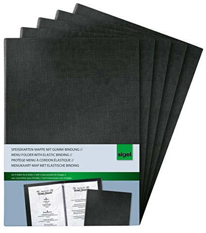 SIGEL Speisekartenmappen A4 Präsentationsmappe 5er Pack schwarz | SM110/5, Gummi-Bindung, mit edler Leinenstruktur, strapazierfähig und leicht abwischbar