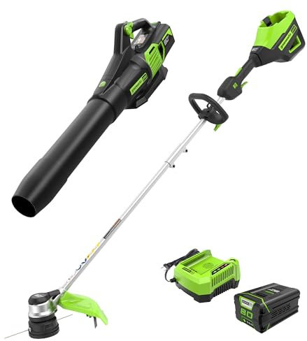 Greenworks 80V Brushless Cordless Yard Tool Combo Kit with 2.0Ah Battery & Rapid Charger – 16 Dual-Line String Trimmer and 500 CFM / 125 MPH Leaf Blower, Variable Speed, 4-Year Warranty