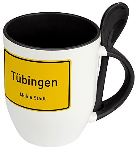 digital print Städtetasse Tübingen - Löffel-Tasse mit Motiv Ortsschild - Becher, Kaffeetasse, Kaffeebecher, Mug - Schwarz