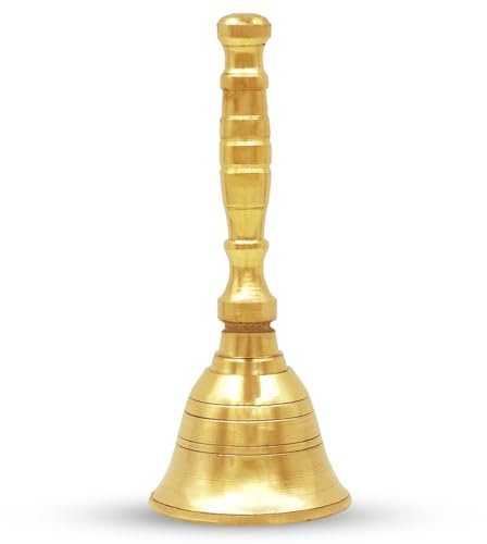 Shubhkart Solid Brass Puja Ghanti, 3.5 Inch Hand Held Temple Bell for Home, Events, Decoration, Food Line, Alarm and Service, Small