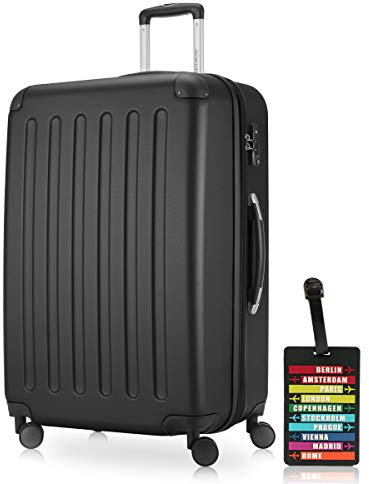 Hauptstadtkoffer - Spree - Hartschalenkoffer Rollkoffer + Kofferanhänger, erweiterbarer Reisekoffer, 4 Rollen, TSA, 75 cm, 119 Liter, Schwarz