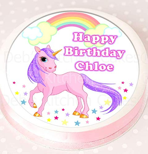 Personalised Unicorn Cake Topper - Edible Icing - 7.5 Round - Rainbow Unicorn Cake Decoration